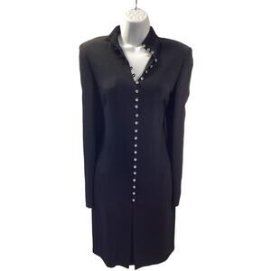 Les Copains Couture Black Evening Rhinestone Buttons Slit Cocktail Dress 42 S